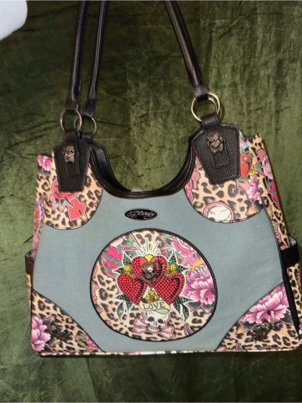 Ed Hardy Blue Tote with Leopard Floral and Heart Skull Emblem